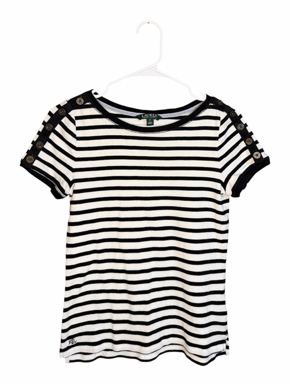 Lauren Ralph Lauren Black & White Striped Button-Shoulder Tee